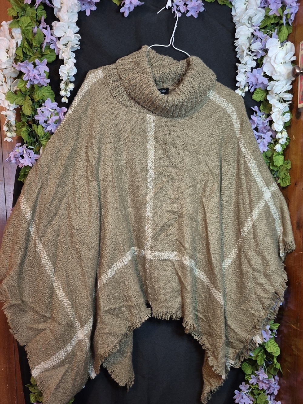 Cozy Turtleneck Poncho Sweater - Olive Plaid